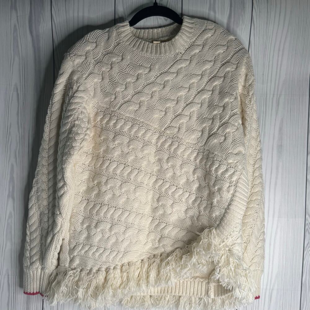 Ted Baker Cable Knit Fringe Sweater Pink Sleeve Detail Ivory Size Medium